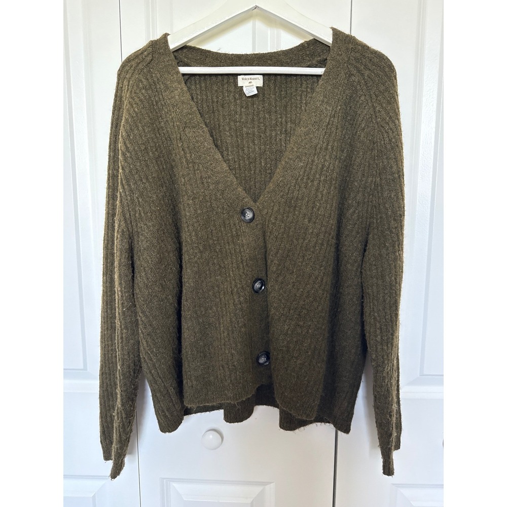 World Market Olive Green Ribbed Knit V-Neck Button Front Cardigan Sweater OS